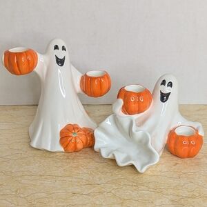 Vintage Fitz & Floyd Halloween Pair Ceramic Candle Holder Ghost Pumpkin Figurine